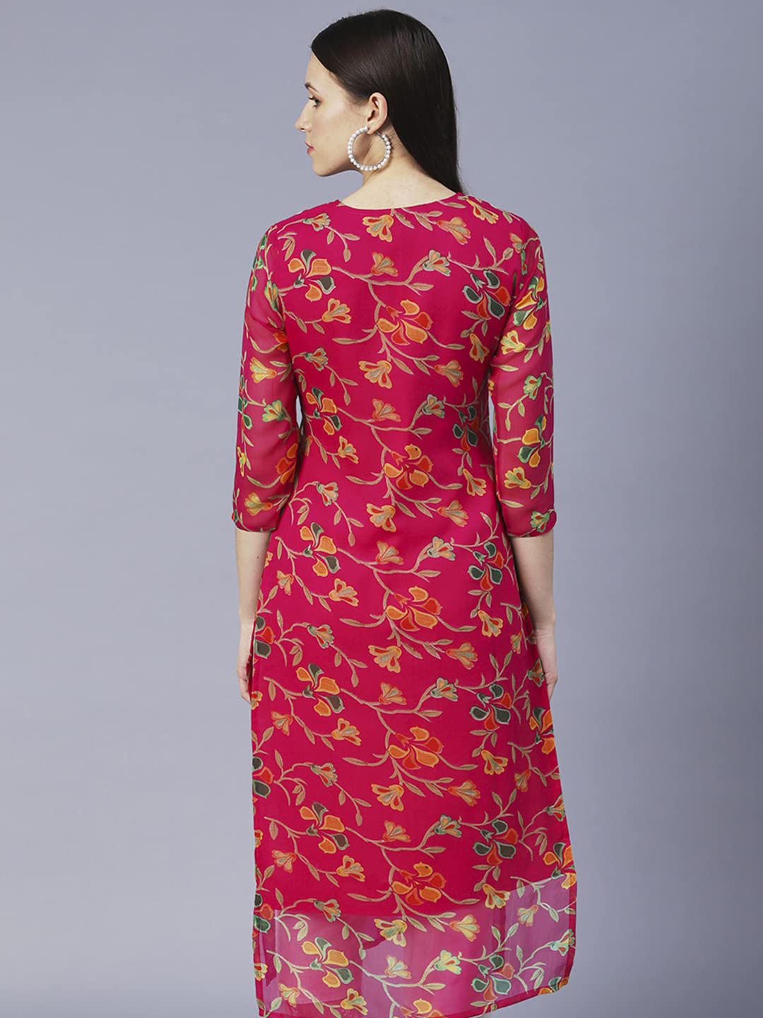 GoSriKi Women's Printed Georgette Chikankari Embroidered Kurti (Gori-Dark Pink-Nw-GS)