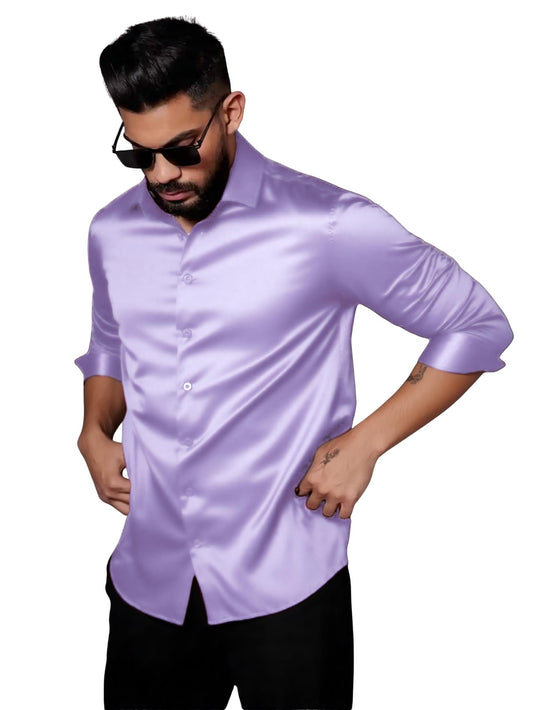 Indoprimo MenS Stylish Solid Satin Casual Shirt For Men Full Sleeve Lavender