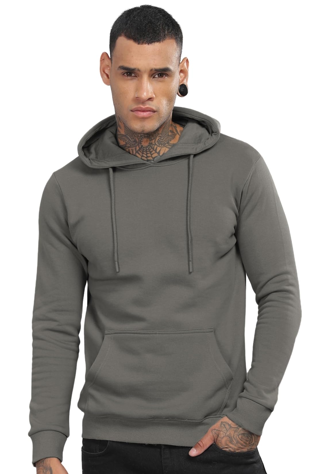 ADRO Mens Cotton Neck Hooded Sweatshirt (H24-M-PLN-SG_Steel Grey