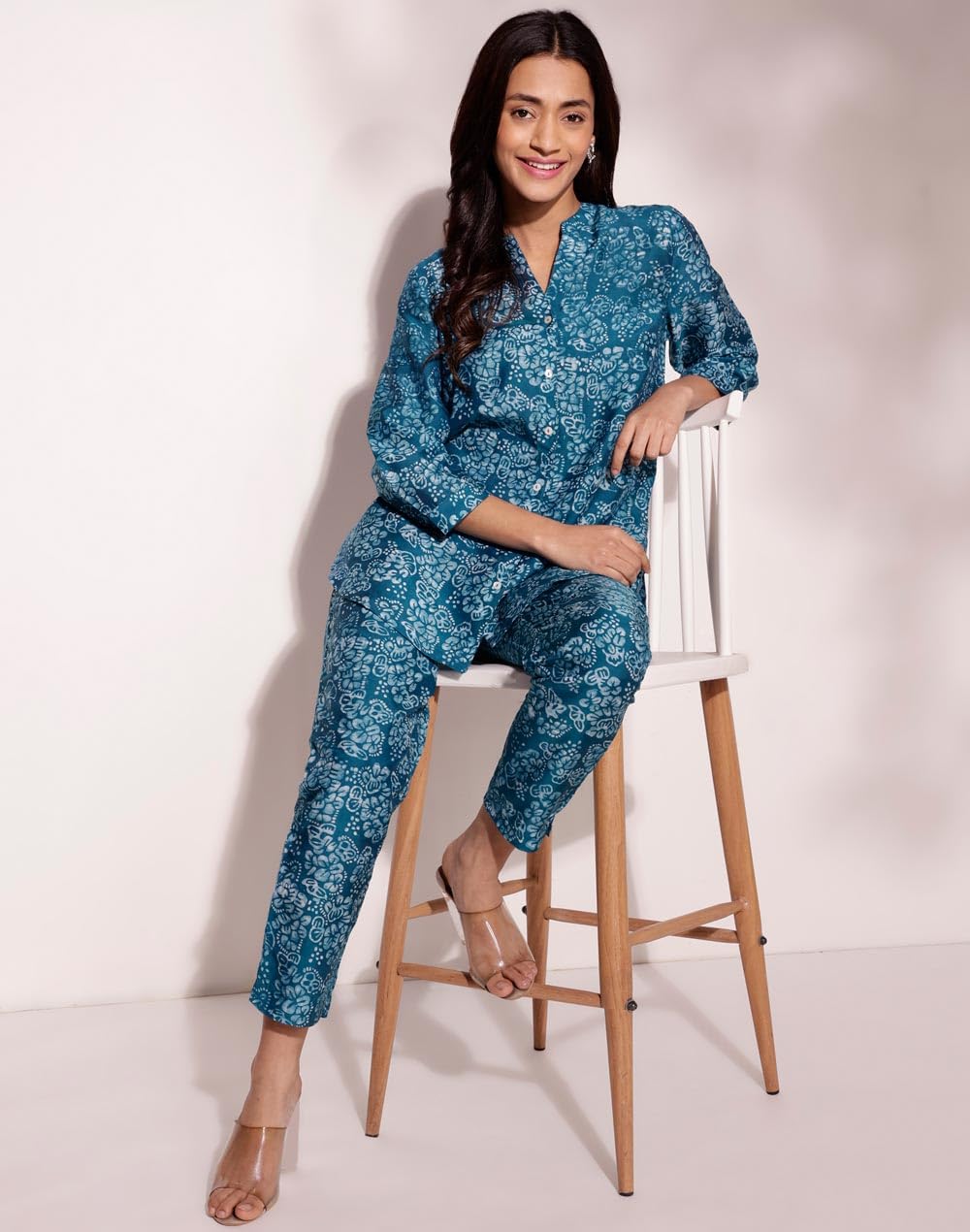 Fabindia Teal Rayon Blend Batik Printed 2pc Pant Set