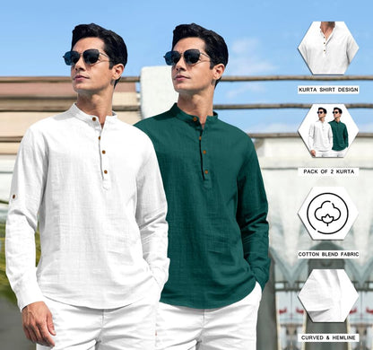 Macsivo Combo Of MenS Cotton Polyester Blend Solid Regular Fit Full Sleeve Short Kurta Pack Of 2 White-Green