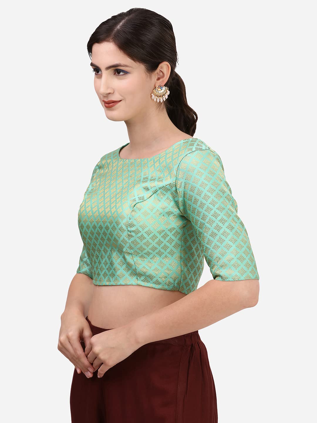 Oomph! Readymade Blouse For Women, Brocade, Green, Boat Neck