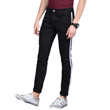 Campus Sutra Mens Black Tapered Side Striped Denim Jeans | Stretchable Cotton Mid-Rise Denim Jeans Crafted with Comfort Fit and