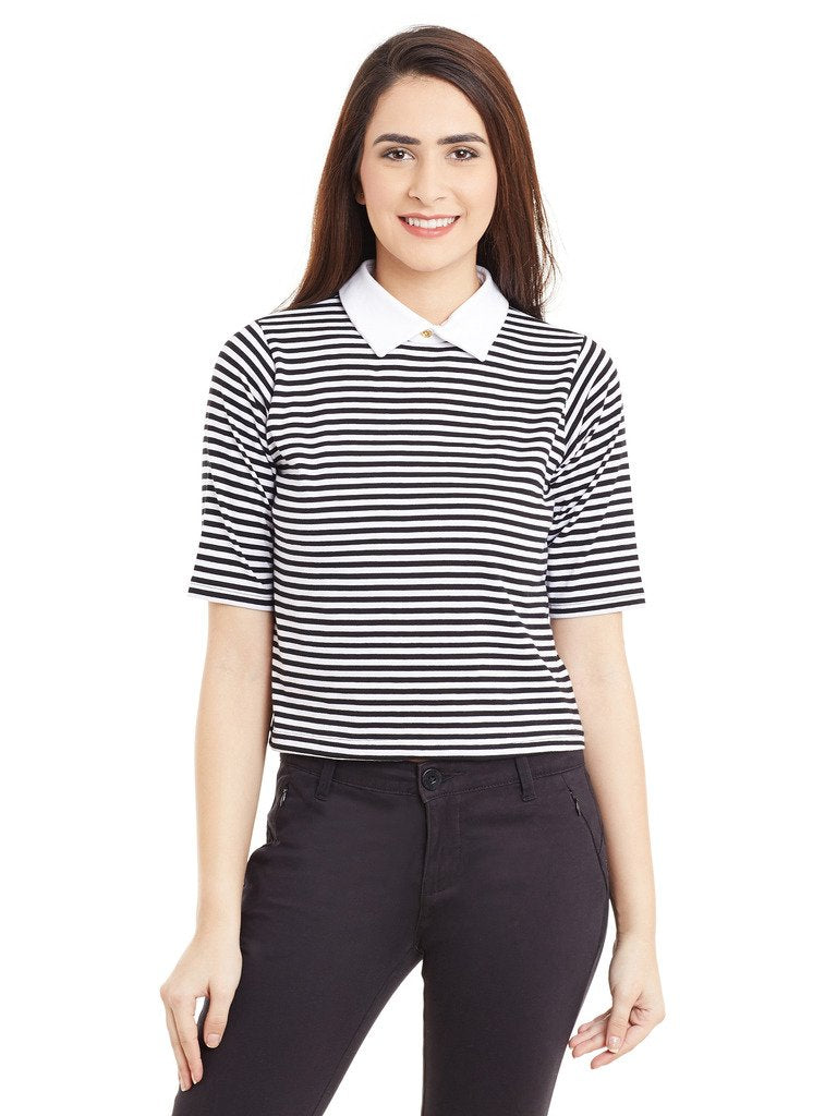 Miss Chase Womens Black And White Striped Crop Top(Mcr16Tp07-29-98-04_Black And White_Medium)