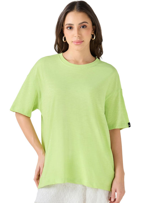 Bewakoof Air 1.0 WomenS Solid Oversized Fit Half Sleeve Round Neck Cotton Slub T-Shirt_640631_Green_Xl