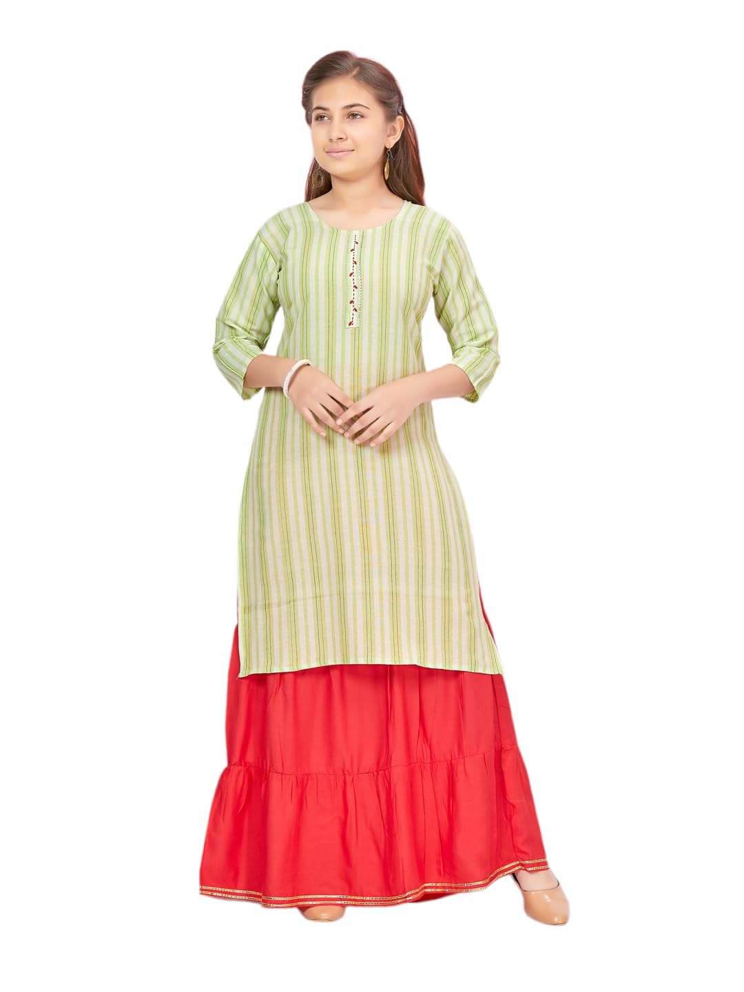 Aarika Girls Green Colour Stripe Cotton Kurti