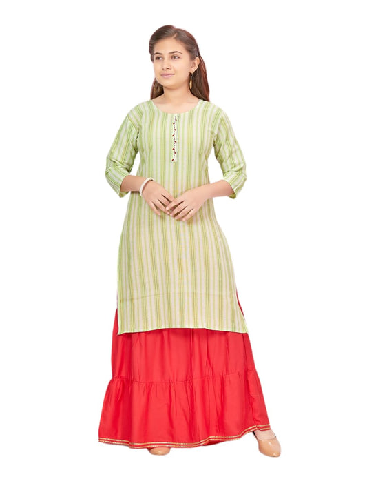 Aarika Girls Green Colour Stripe Cotton Kurti