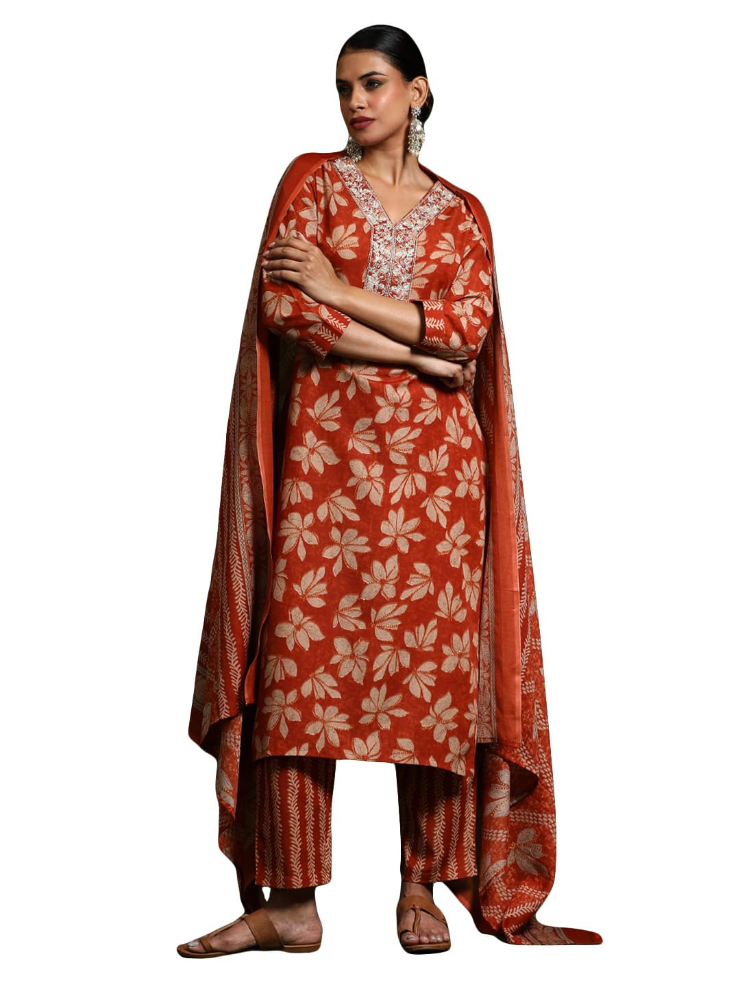 Varanga Women Floral Printed V Neck Kurta With Trouser & Dupatta