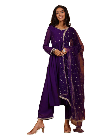 Varanga Zari & Sequin Embroidered Flared Kurta With Bottom And Dupatta Purple