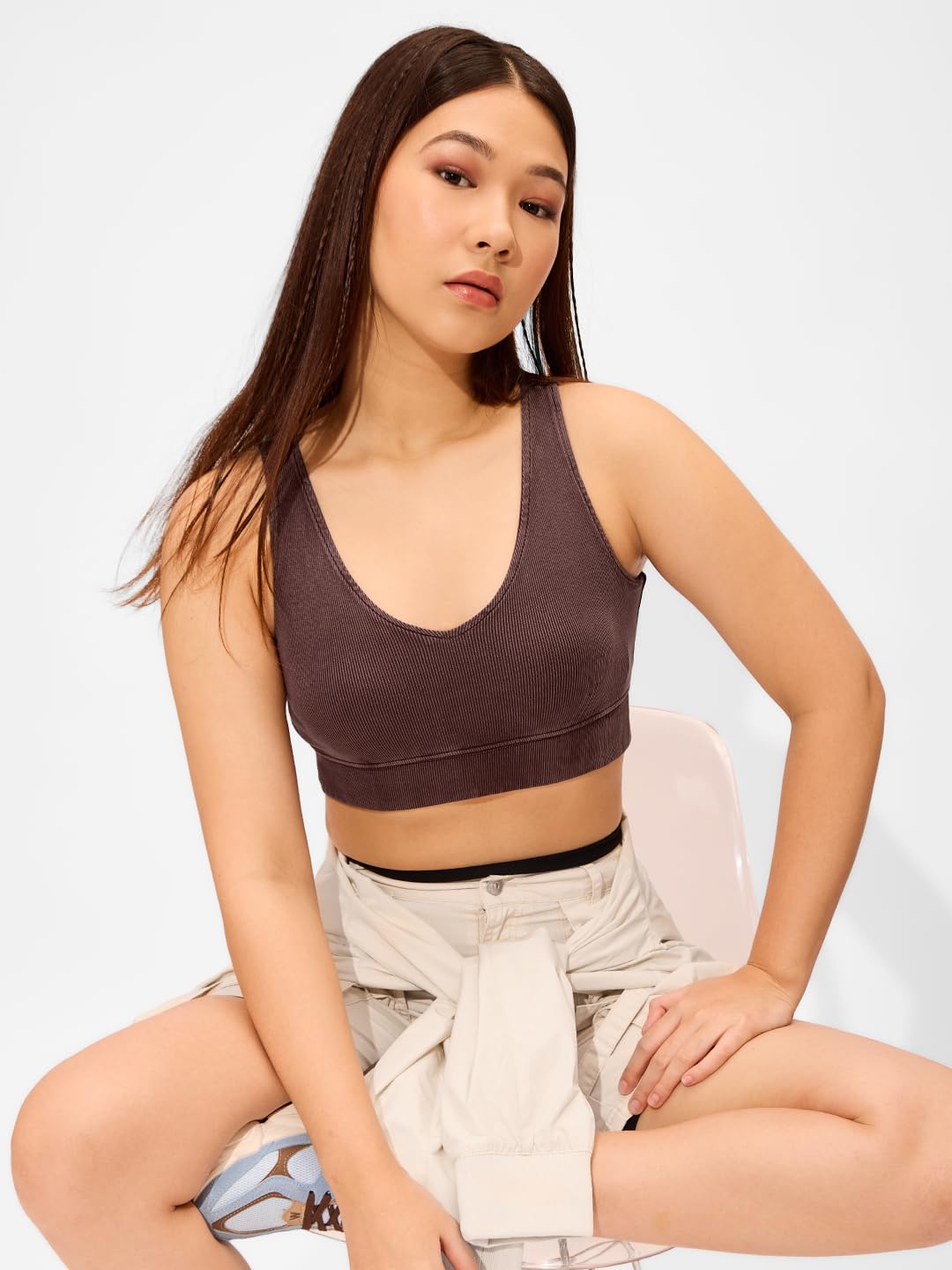 The Souled Store Solids: Mocha Brown Women and Girls Sleeveless Round Neck Bralette Top