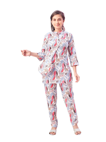 Aarika Girls Casual Wear White Colour Leafs Print Polyester Co-ord Set-8-15 Years (KP-TR-K-987)
