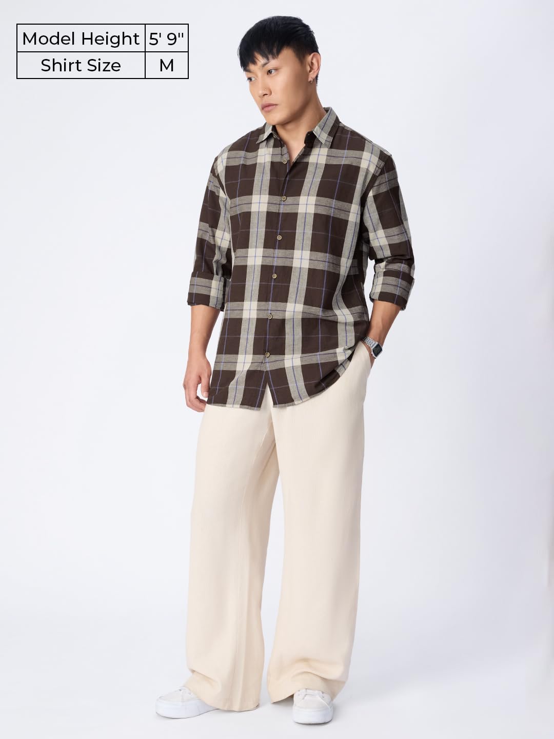 The Souled Store: Mocha Men and Boys Long Sleeve Spread CollarButton Front Brown Plaid Regular Fit Cotton Linen Shirt
