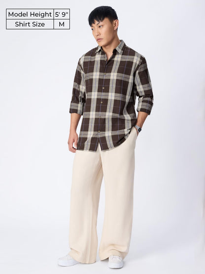 The Souled Store: Mocha Men and Boys Long Sleeve Spread CollarButton Front Brown Plaid Regular Fit Cotton Linen Shirt