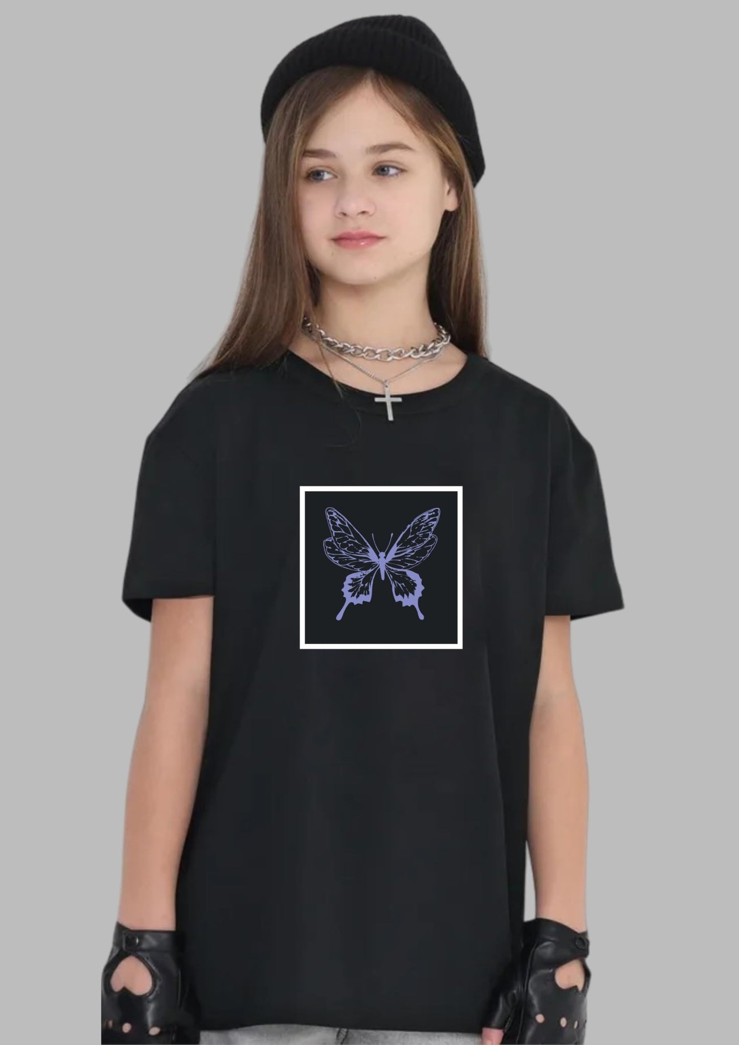 Uniplanet Store GirlS Cotton T-Shirts With Butterfly Graphic Prints Round Neck Half Sleeves Regular Fit And Standard Length Bla