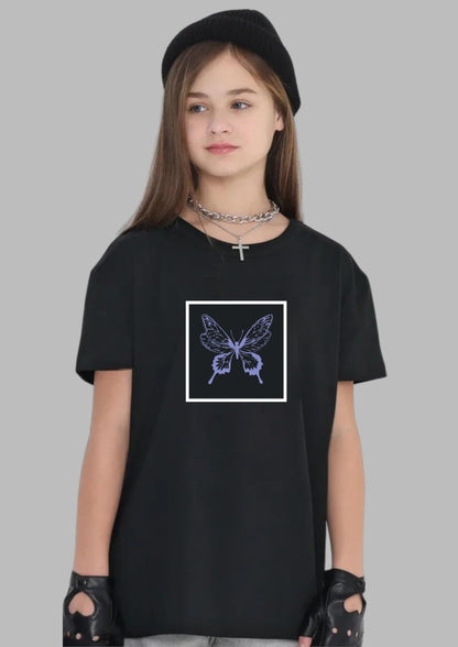 Uniplanet Store GirlS Cotton T-Shirts With Butterfly Graphic Prints Round Neck Half Sleeves Regular Fit And Standard Length Bla