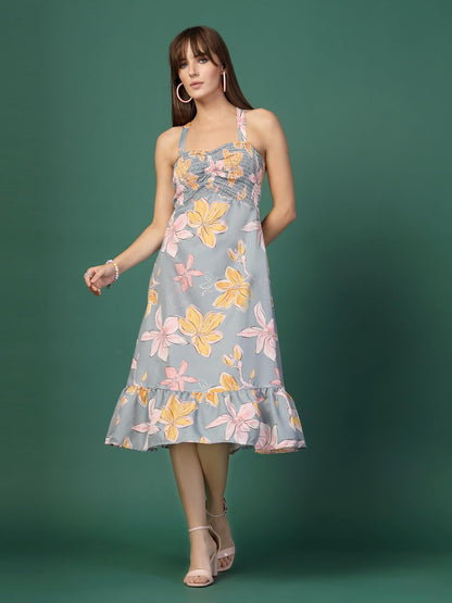 Oomph! WomenS Western & Fusion Wear Printed Crepe Dress For Women, Smocked Bodice, Grey - Md1055