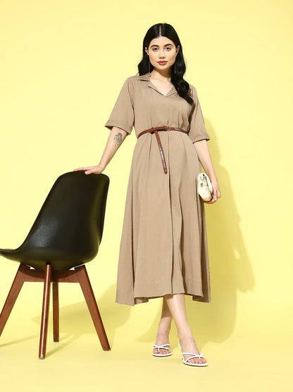 Varanga Women Beige Shirt Collar A-Line Dress  Stylish Calf Length Short Sleeves Dress For Comfortable Everyday Wear, Women Kurt