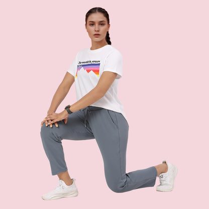 Enamor E068 Women Antimicrobial Mid Rise Relaxed Fit Active Travel Pants Cloud Grey