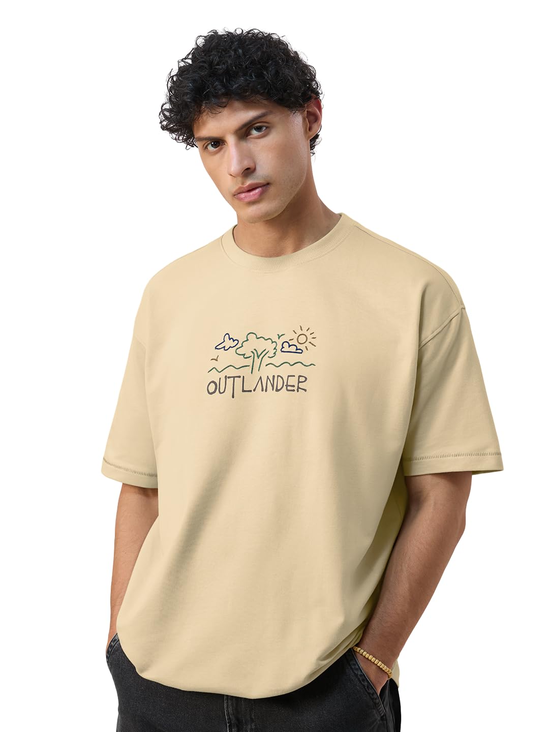 The Souled Store: Outlander Men and Boys Short Sleeves Round Neck Beige Typography Embroidered Cotton Lightweight Breathable Cas