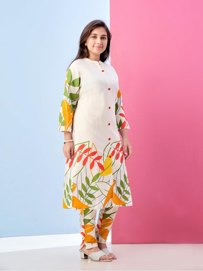 Aarika Girls Ethnic Wear Cream Colour Floral Print Khadi Cotton Kurti Pant Set-8-15 Years (Kp-Tr-K-977)