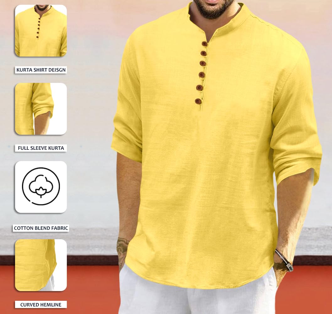 Finivo Fashion MenS Solid Cotton Blend Regular Fit Straight Kurta, Pack Of 1 Yellow