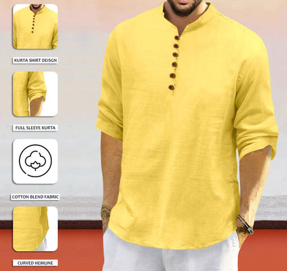 Finivo Fashion MenS Solid Cotton Blend Regular Fit Straight Kurta, Pack Of 1 Yellow