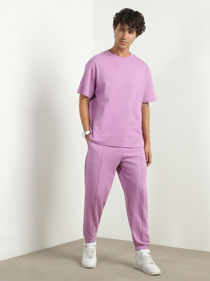 Nobero Men Cotton Blend Solid Mauve Oversized Moses - Pink Popcorn Textured Co-Ord Set - Crew-Neck T-Shirt & Joggers Set