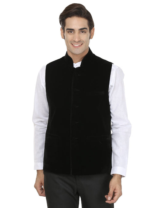 Wintage Men'S Velvet Bandhgala Festive Black Nehru Jacket Waistcoat