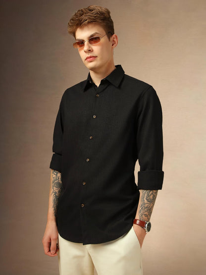 Dennis Lingo Solid Full Sleeves Spread Collar Polyester Regular-Fit Men Casual Shirt Black