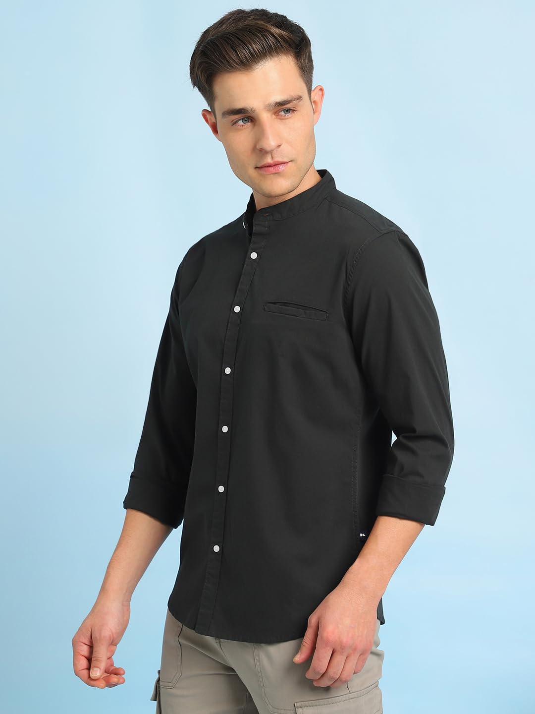 Dennis Lingo Men Solid Mandarin Collar Full Sleeves Regular Fit Casual Shirt Dark Green
