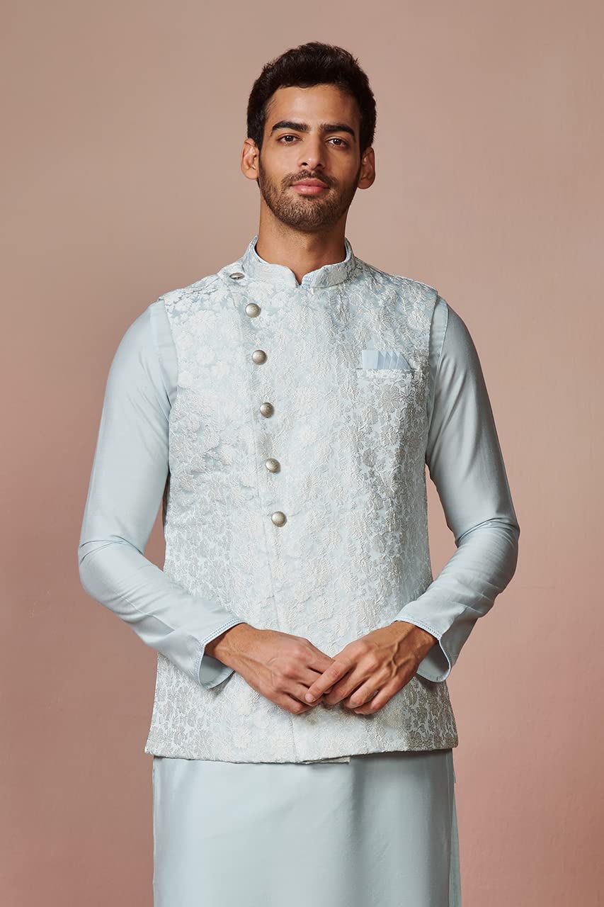 Manyavar Kurta Jacket Set For Men, Full Sleeves Mandarin Collar Ethnic Kurta Jacket Set For Festival, Wedding, Party Blended Vis