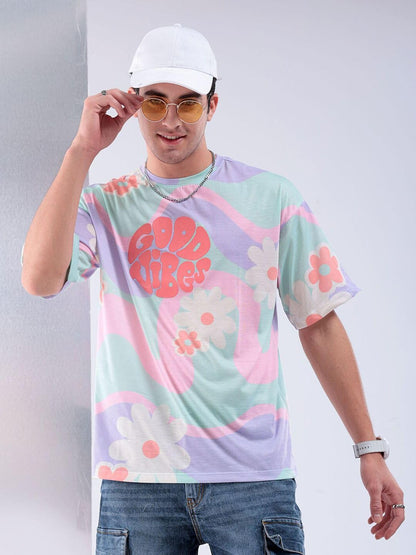 The Indian Garage Co Men Oversized Floral Round Neck Tshirt Aqua
