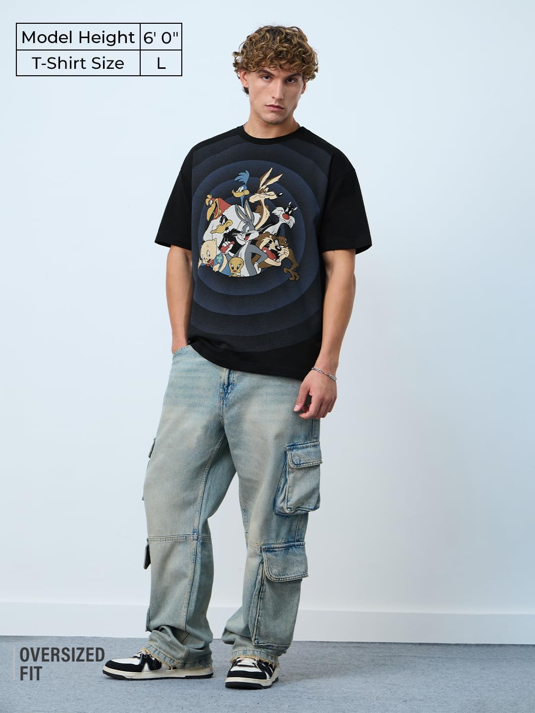 The Souled Store Looney Tunes: Going in Circles Men and Boys Short Sleeves Round Neck Black Graphic Printed Cotton Oversized T-S