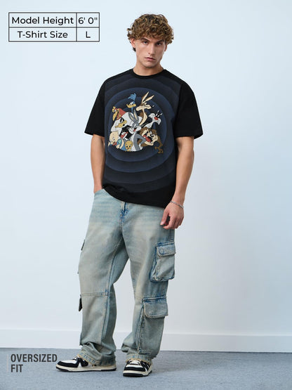The Souled Store Looney Tunes: Going in Circles Men and Boys Short Sleeves Round Neck Black Graphic Printed Cotton Oversized T-S
