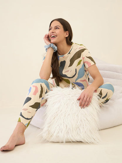 Sweet Dreams Women Printed Pyajama Set Beige