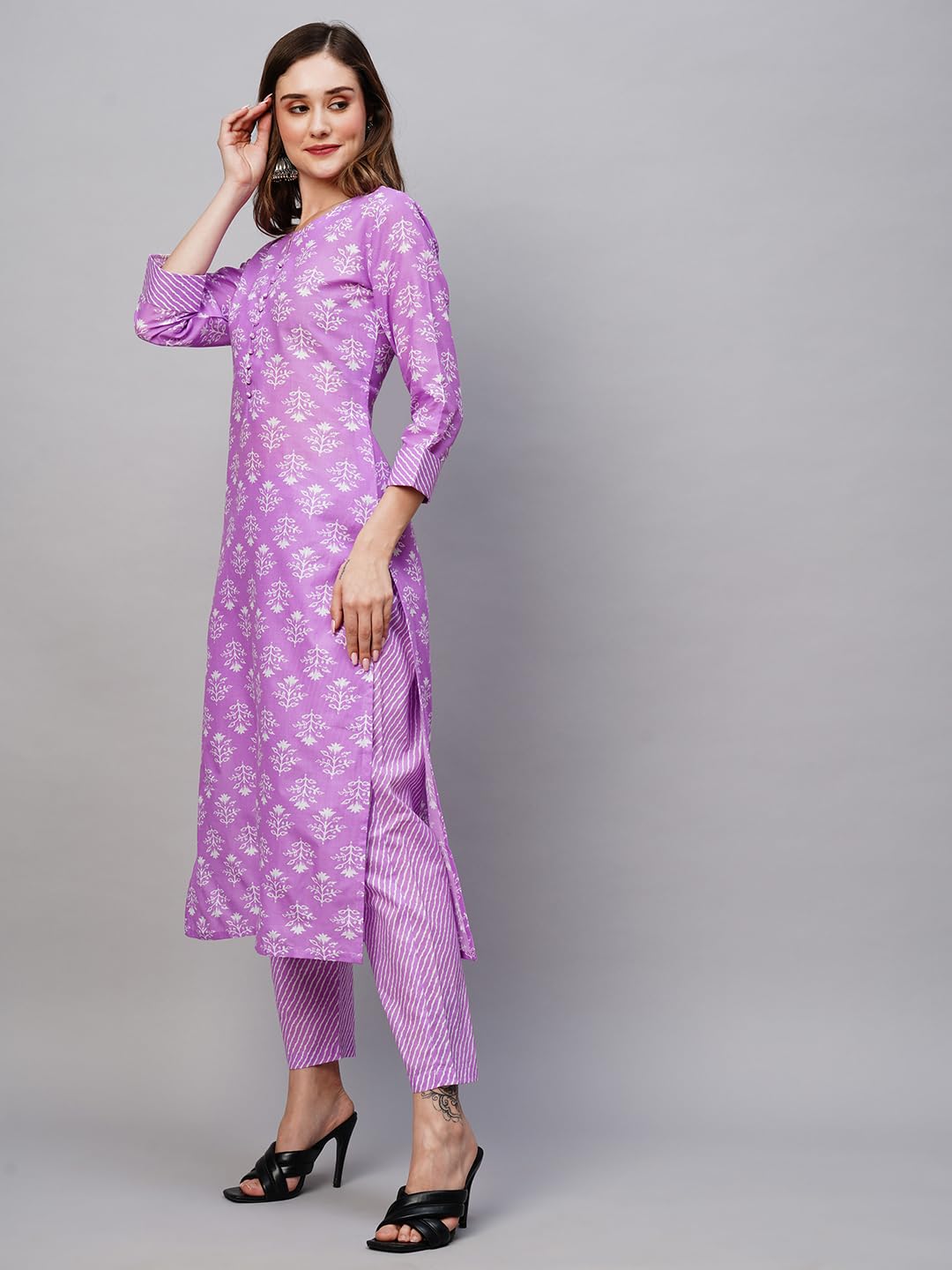 GoSriKi Women's Cotton Blend Printed Straight Kurta with Pant (KIDYA Purple-NW-GS)