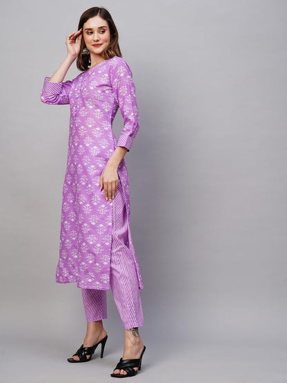 GoSriKi Women's Cotton Blend Printed Straight Kurta with Pant (KIDYA Purple-NW-GS)
