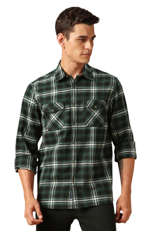 Dennis Lingo Men Flannel Check 100% Cotton Relaxed Fit Full Sleeves Shirts Green