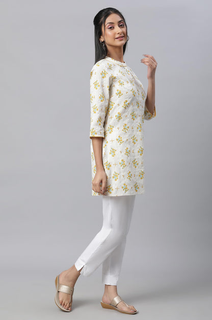 Beige Floral Printed Textured Kurti