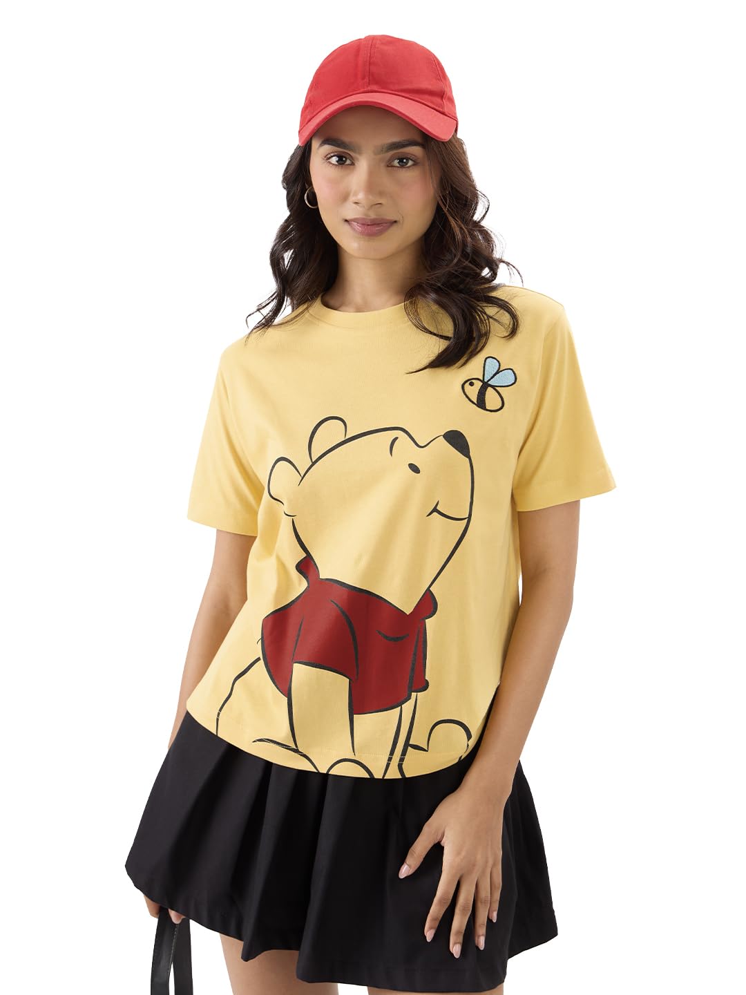 The Souled Store Official Winnie The Pooh: Chasing Bees Women and Girls Short Sleeve Round Neck Yellow Graphic Printed Regular F