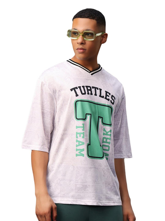 Bewakoof X Official Teenage Mutant Ninja Turtles Merchandise Mens Turtles Jersey Graphic Printed mesh T-Shirt - Oversized Fit,
