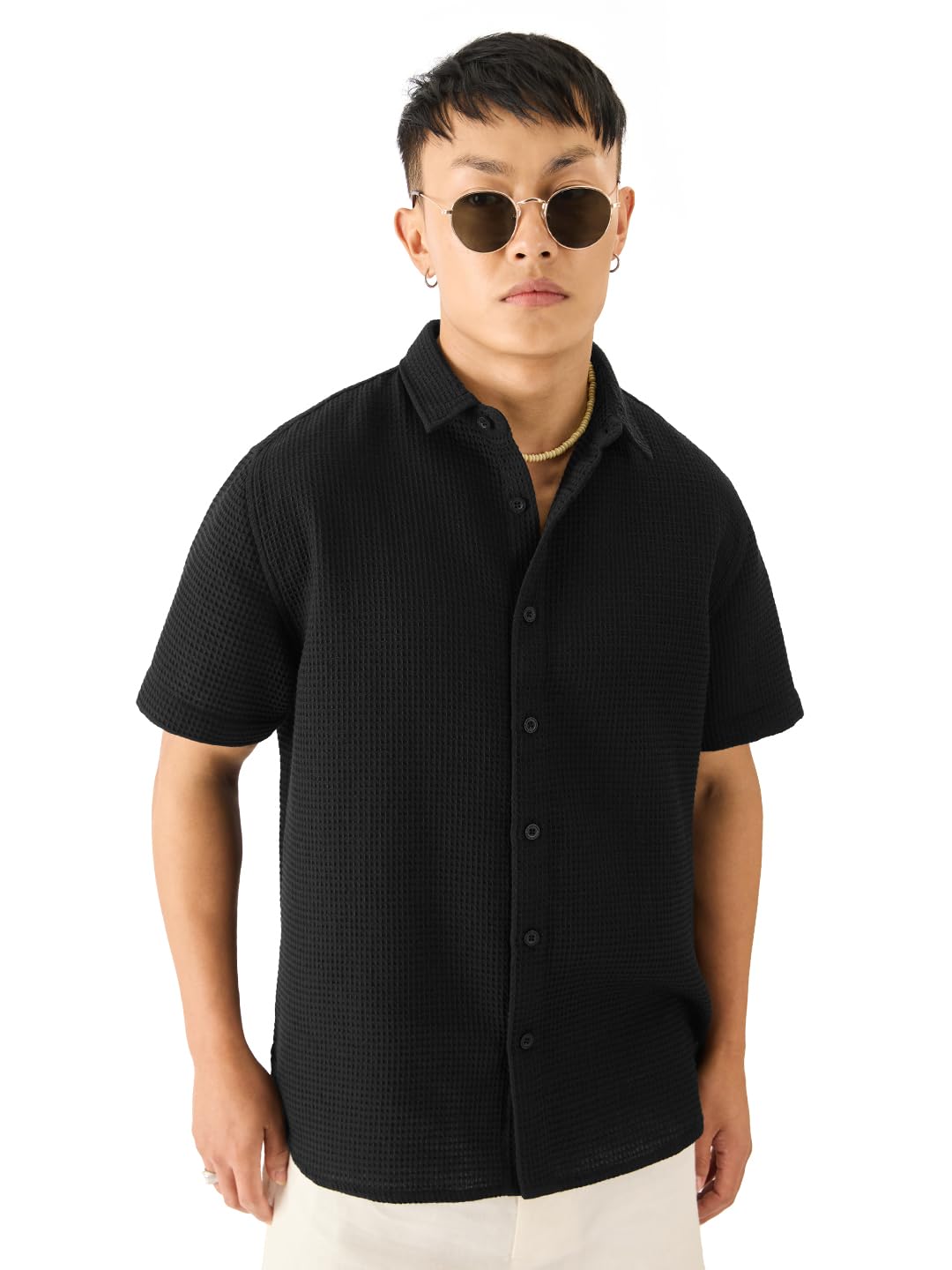 The Souled Store Solids: Midnight Black Men and Boys Short Sleeve Collared Neck Button Down Regular Fit Cotton Textured Shirts