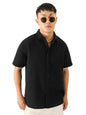 The Souled Store Solids: Midnight Black Men and Boys Short Sleeve Collared Neck Button Down Regular Fit Cotton Textured Shirts