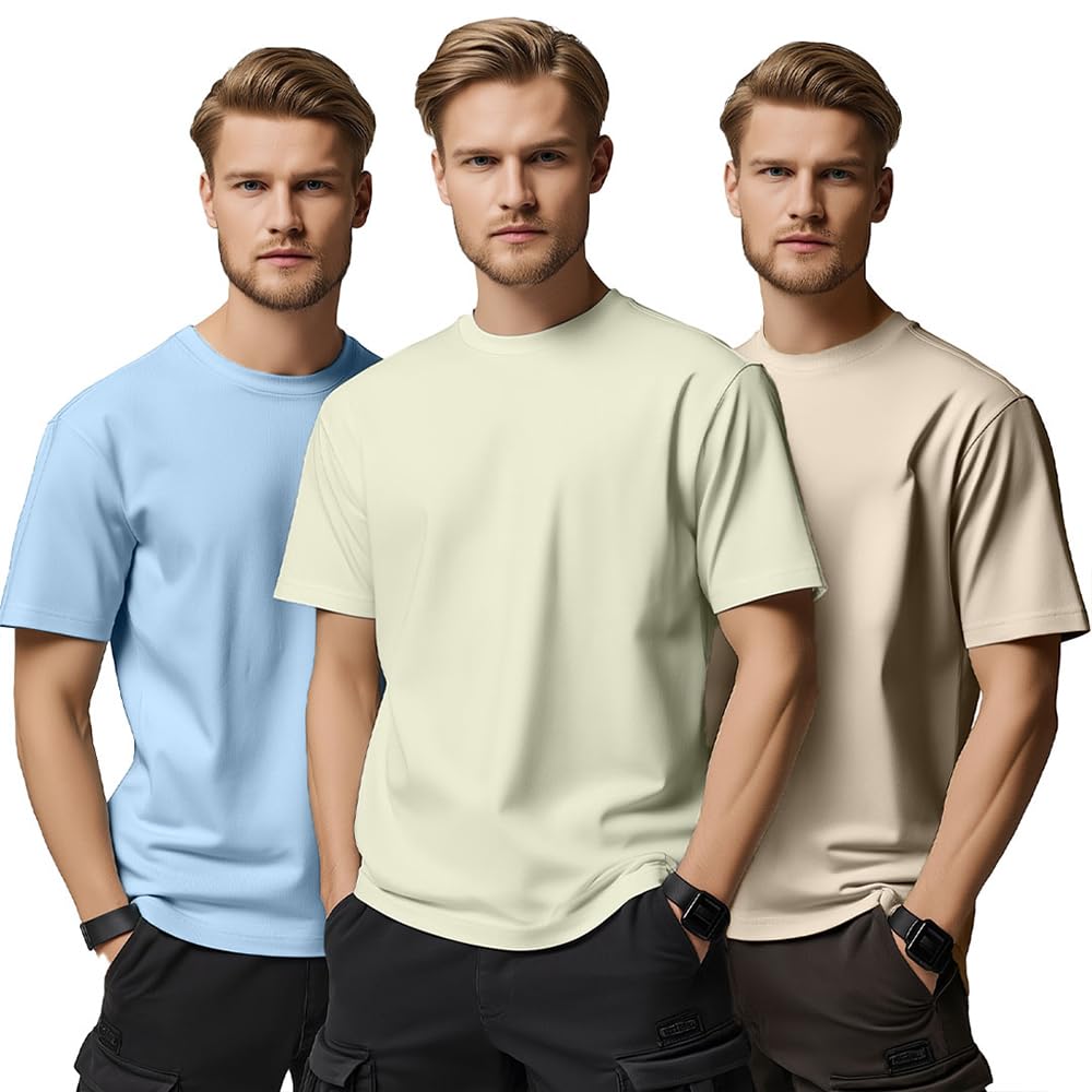 Nobero MenS Cotton Solid Regular Fit T Shirt (1M-Twts-R0008_Sand/Powder Blue/Aloe Green)