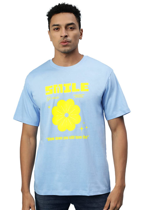 Veirdo Mens Oversized Loose Baggy Fit Round Neck Short Sleeve Smile Flower Graphic Printed Cotton T-Shirt For