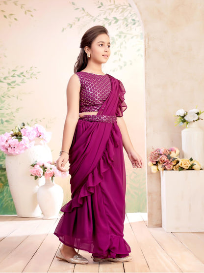 Aarika Girls Ethnic Wear Purple Colour Sequin Embroidery Georgette Lehenga Saree With Attachable Dupatta-(3-13 Years)-(SR-26011-