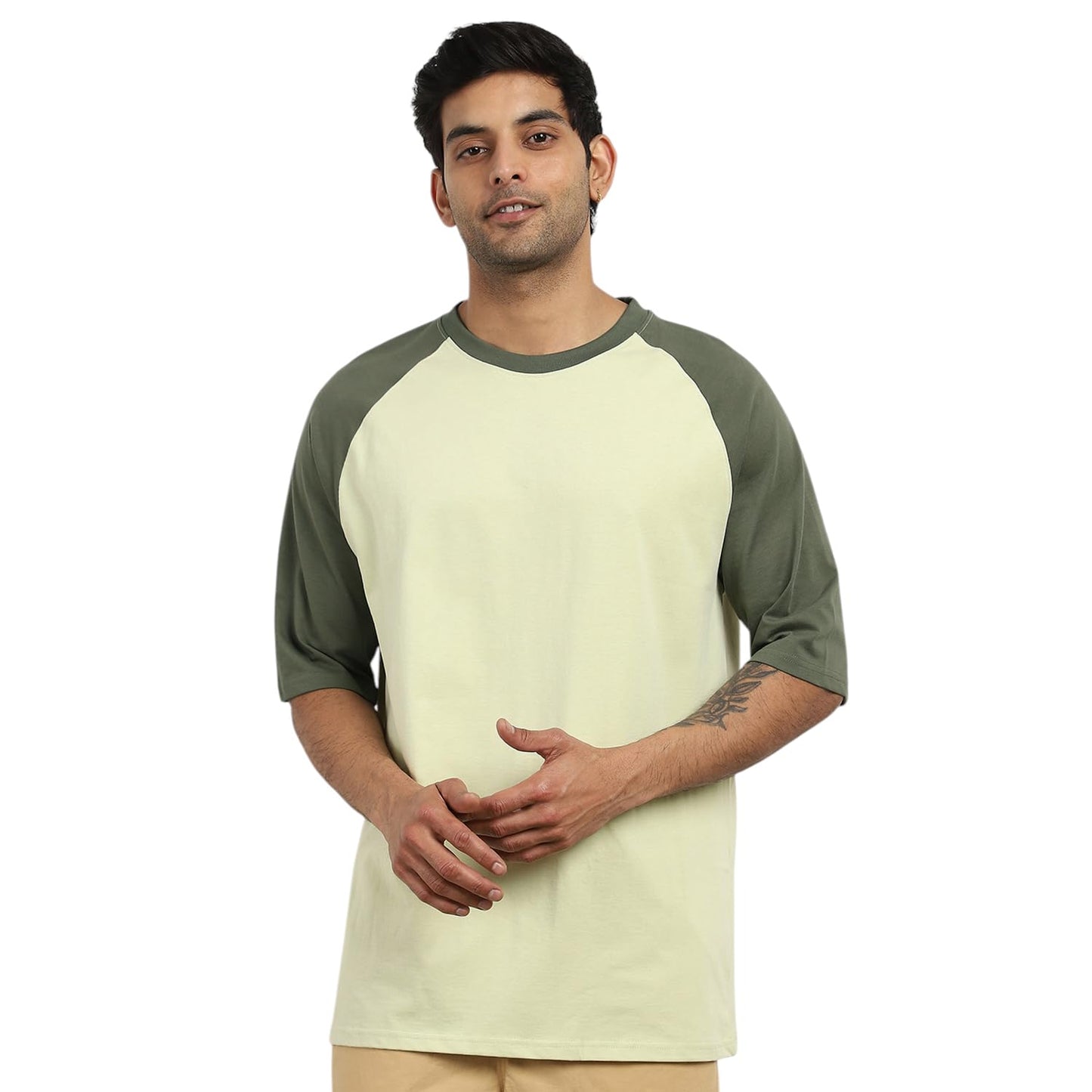 Nobero MenS Colorblock Oversized Fit T-Shirt (1M-Twts-R0103-Bl_Aloe Green