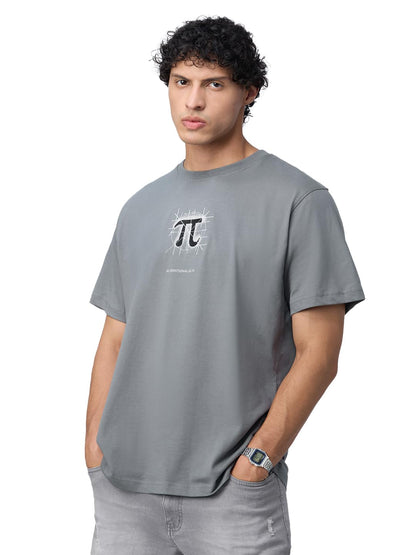 The Souled Store Irrational as Pi Men and Boys Short Sleeves Round Neck Grey Embroidered Relaxed Fit Lightweight All-Season Cott