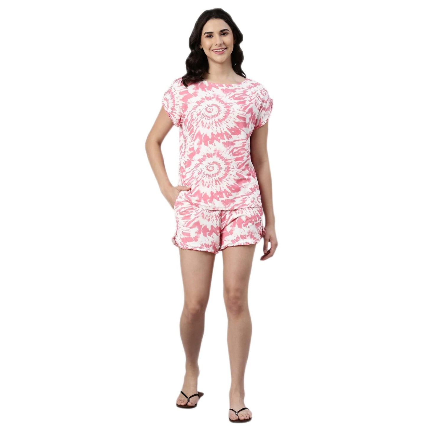 Enamor EC14 Tie & Dye Printed Home Tee and Shorts Set for Women with Ruffled Trim
