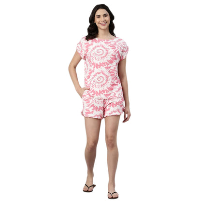 Enamor EC14 Tie & Dye Printed Home Tee and Shorts Set for Women with Ruffled Trim